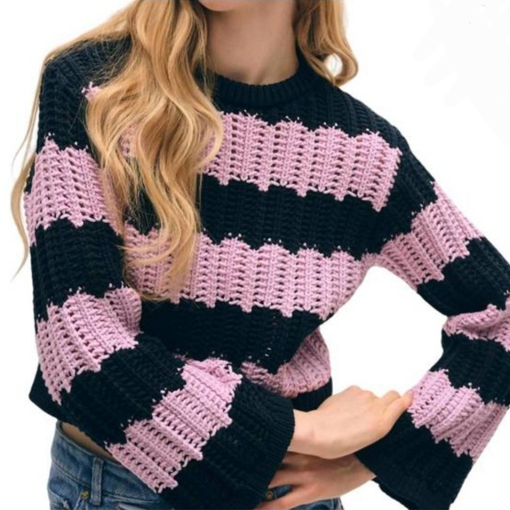 White + Warren Cotton Rope‎ Bell Sleeve Crewneck Sweater Purple Black Medium